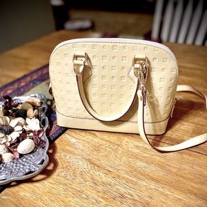 Italian Arcadia handbag, cream patent leather with red and gold accents